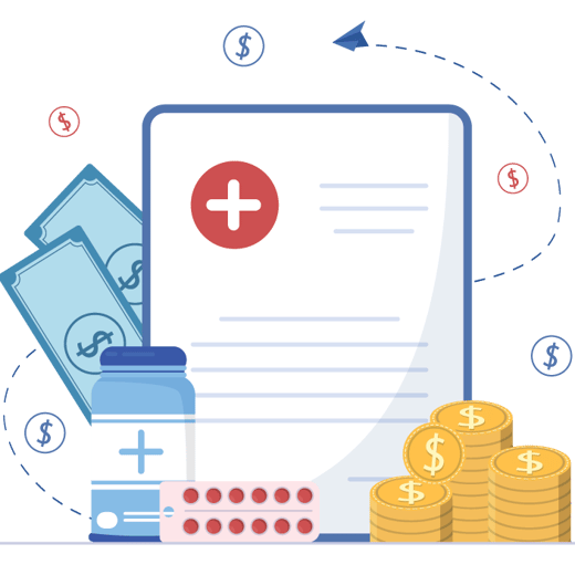 Medical costs illustration with medical form, pill bottle, and coins